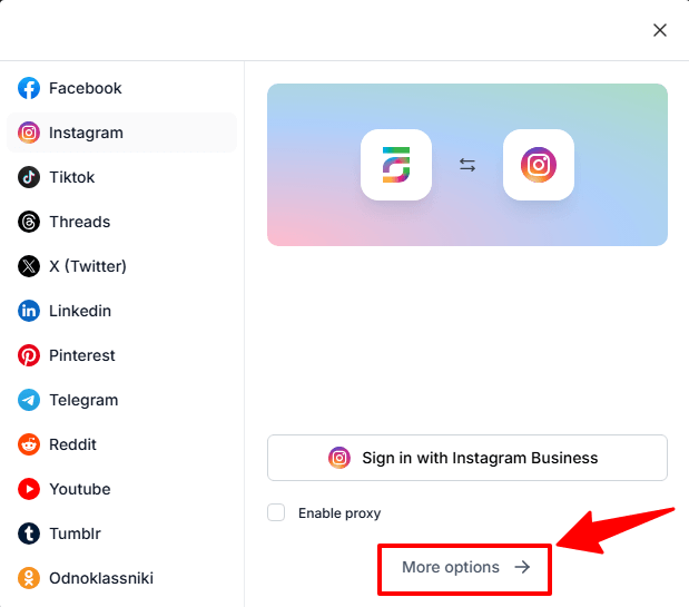 screenshot of FS Poster Instagram login methods